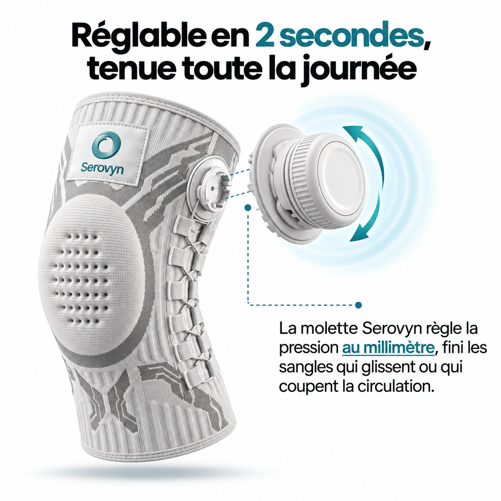 Réglable en 2 secondes, tenue toute la journée : la molette Serovyn règle la pression au millimètre, fini les sangles et scratchs qui glissent ou coupent la circulation