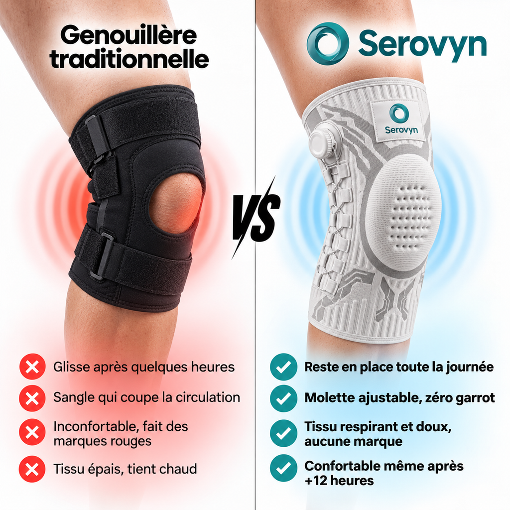 Genouillère traditionnelle contre genouillère Serovyn : la classique glisse, coupe la circulation et laisse des marques rouges ; la Serovyn reste en place toute la journée, molette ajustable, zéro garrot