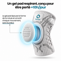 Un gel pad respirant conçu pour être porté plus de 10 heures par jour : le coussin gel épouse la forme de la rotule et amortit chaque mouvement, sans lourdeur
