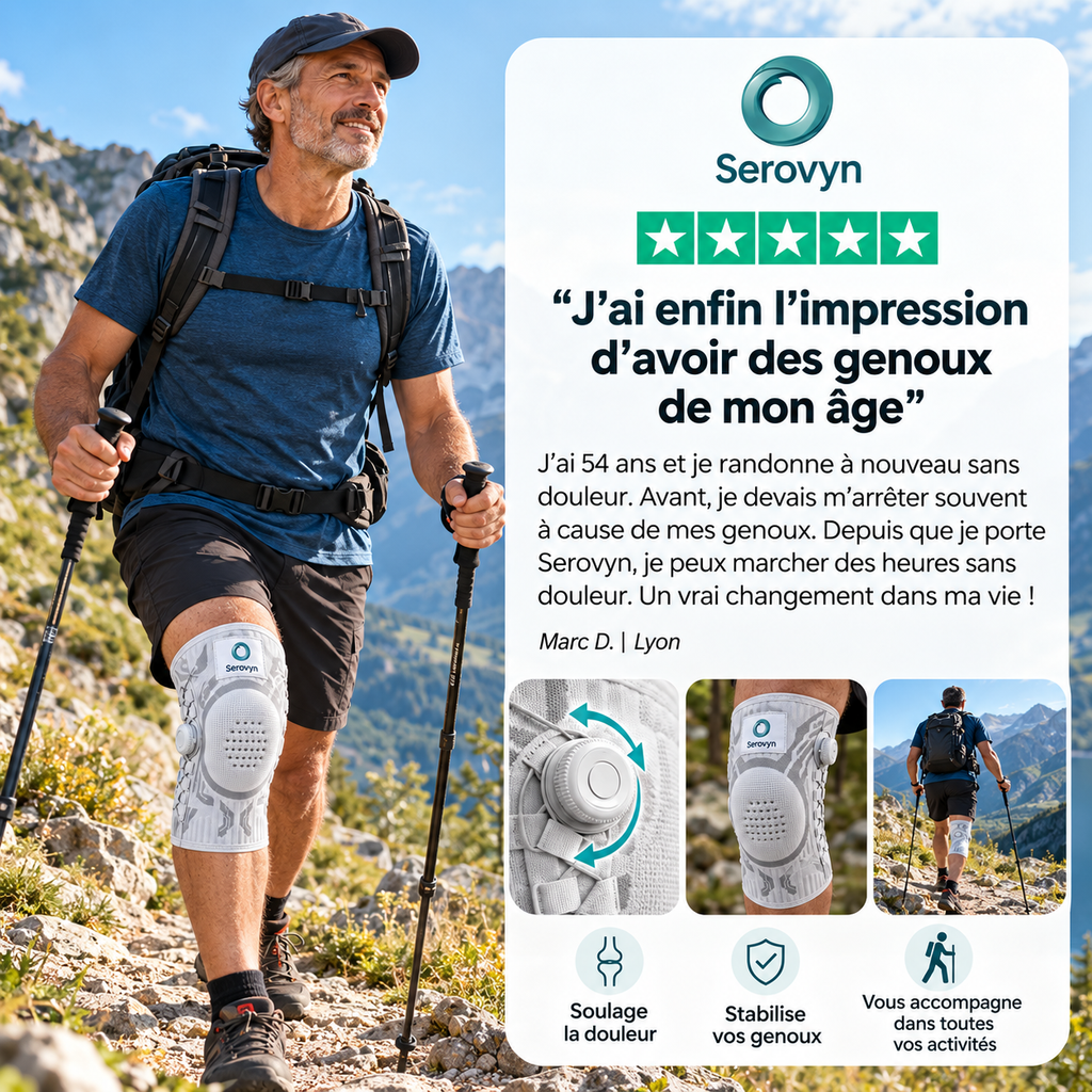 Avis client 5 étoiles sur la genouillère Serovyn : un randonneur de 54 ans raconte marcher de nouveau sans douleur au genou