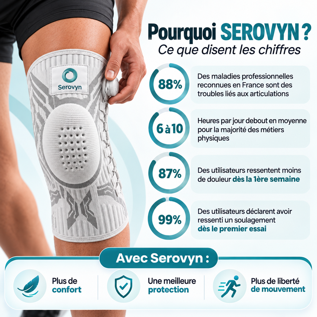 Pourquoi Serovyn, ce que disent les chiffres : 88 % des maladies professionnelles reconnues en France sont des troubles articulaires, 6 à 10 heures debout par jour dans les métiers physiques, 87 % des utilisateurs ressentent moins de douleur dès la première semaine, 99 % un soulagement dès le premier essai