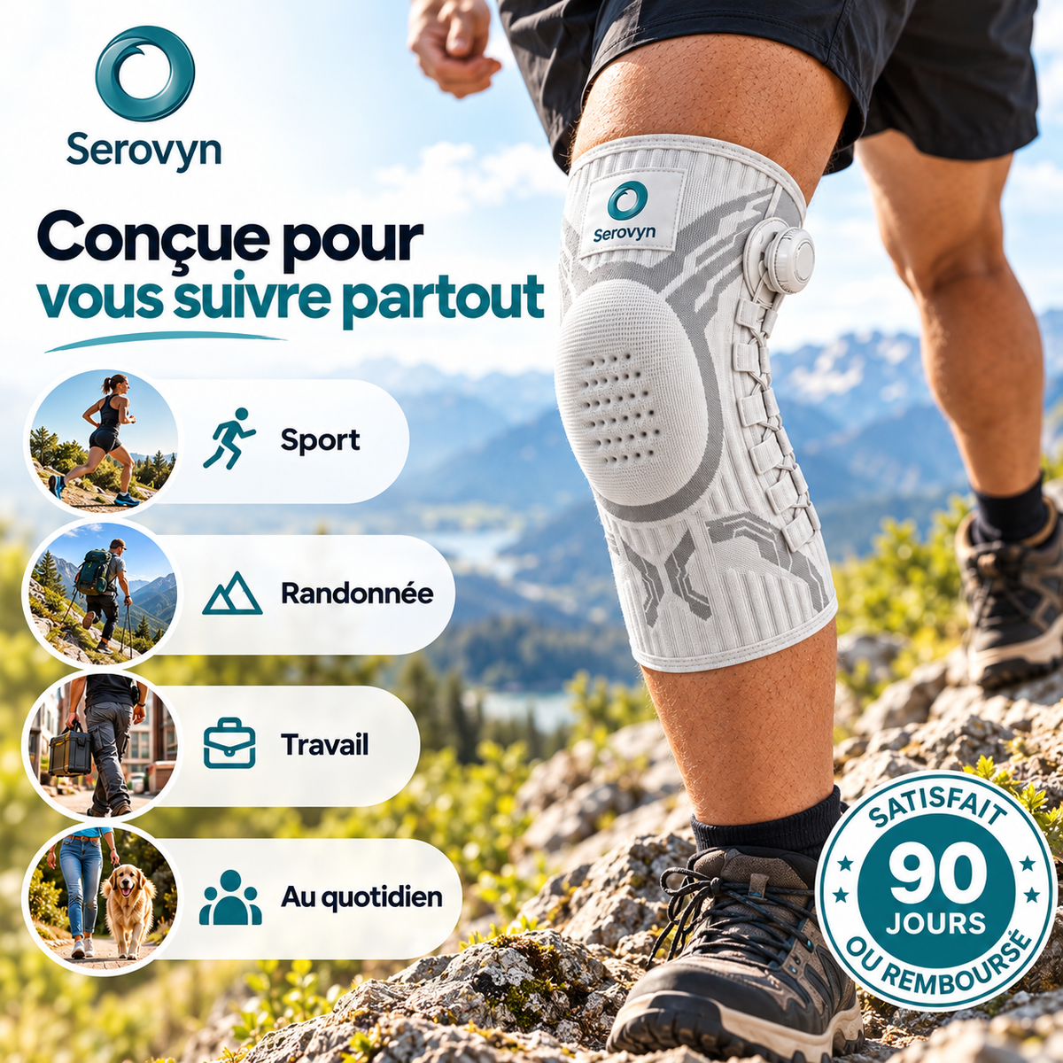 Genouillère Serovyn conçue pour vous suivre partout : sport, randonnée, travail et vie quotidienne — garantie 90 jours satisfait ou remboursé
